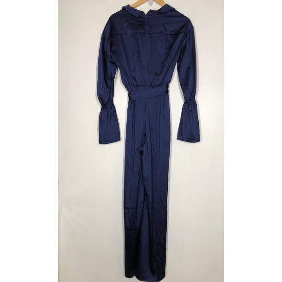 Three Floor Brigitte Jumpsuit Satin Bell Sleeve Collared Wide Leg Navy Blue 4 - Picture 8 of 13